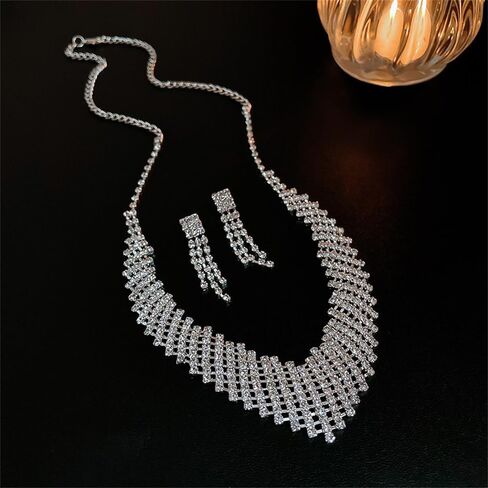 حجر الراين القرط المختنق قلادة مجموعة للنساء الفتيات لذيذ سباركلي الفضة حجر الراين قطرة تتدلى الأقراط فلاش قلادة طويلة خفيفة الوزن شرابة الأذن ترصيع مكعب زركونيا كريستال حفل زفاف العروس in Kuwait