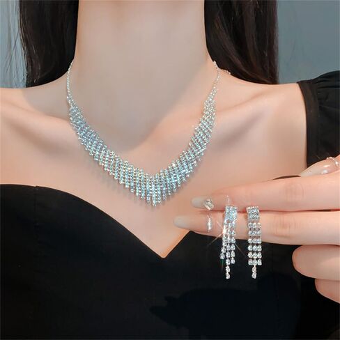 حجر الراين القرط المختنق قلادة مجموعة للنساء الفتيات لذيذ سباركلي الفضة حجر الراين قطرة تتدلى الأقراط فلاش قلادة طويلة خفيفة الوزن شرابة الأذن ترصيع مكعب زركونيا كريستال حفل زفاف العروس in Kuwait