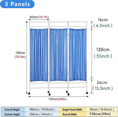 3-Panel Medical Privacy Screen, Blue Portable Folding Room Divider with Wheels, Foldable Partition with Lockable Casters for Clinic, Hospital, Dressing Room,Beauty Salon (Blue, 3 Panel) in Saudi Arabia