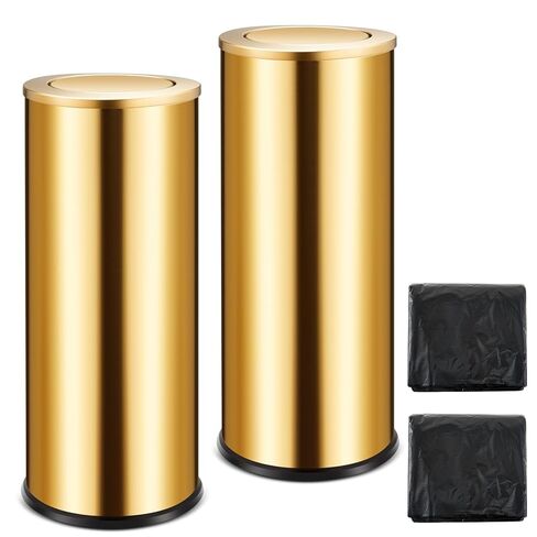 2 Set 30L/8GAL Gold Lidded Trash Can with 200 Garbage Bags Metallic Gold Brass Kitchen Garbage Bin with Flip Lid Commercial Compact Waste Basket for Shopping Centers, Elevator Doors, Hotels in Kuwait
