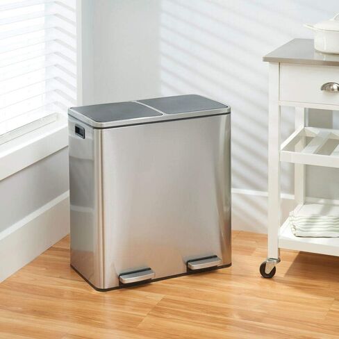 MDESign Metal Steel 16 Gallon/60 Liter ، علبة خطوة المقصورة المزدوجة ؛ سلة المهملات المزدوجة سلة المهملات/إعادة تدوير المطبخ ؛ يحمل القمامة وإعادة التدوير. يتميز بدلتين بطانة قابلة للإزالة ، كروم مصقول in Saudi Arabia