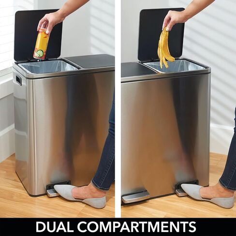 MDESign Metal Steel 16 Gallon/60 Liter ، علبة خطوة المقصورة المزدوجة ؛ سلة المهملات المزدوجة سلة المهملات/إعادة تدوير المطبخ ؛ يحمل القمامة وإعادة التدوير. يتميز بدلتين بطانة قابلة للإزالة ، كروم مصقول in Saudi Arabia