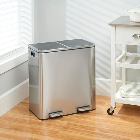 MDESign Metal Steel 16 Gallon/60 Liter ، علبة خطوة المقصورة المزدوجة ؛ سلة المهملات المزدوجة سلة المهملات/إعادة تدوير المطبخ ؛ يحمل القمامة وإعادة التدوير. يتميز بدلتين بطانة قابلة للإزالة ، كروم مصقول in Saudi Arabia