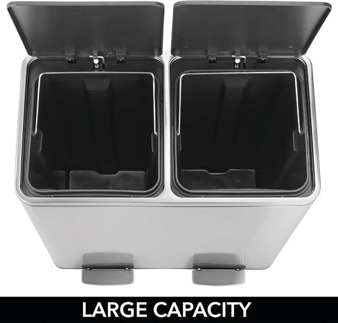 MDESign Metal Steel 16 Gallon/60 Liter ، علبة خطوة المقصورة المزدوجة ؛ سلة المهملات المزدوجة سلة المهملات/إعادة تدوير المطبخ ؛ يحمل القمامة وإعادة التدوير. يتميز بدلتين بطانة قابلة للإزالة ، كروم مصقول in Saudi Arabia