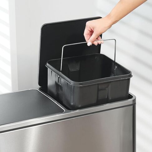 MDESign Metal Steel 16 Gallon/60 Liter ، علبة خطوة المقصورة المزدوجة ؛ سلة المهملات المزدوجة سلة المهملات/إعادة تدوير المطبخ ؛ يحمل القمامة وإعادة التدوير. يتميز بدلتين بطانة قابلة للإزالة ، كروم مصقول in Saudi Arabia