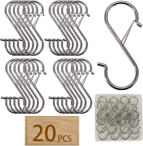 20 PCS Huffice S- السنانير S للتعليق-خطاف معدني أسود 3.74 بوصة مع مشبك أمان ، خطافات خزانة للنباتات ، أواني المطبخ ، والأواني ، والأكياس ، معبأة في صندوق PP in Saudi Arabia