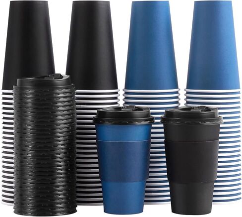 100 Pack 16 oz Disposable Coffee Cups with Lids and Sleeves, To Go Paper Cups, Hot & Cold Drinking Cups for Tea, Coffee, Water, Hot Chocolate, Paper Coffee Cups Ideal for Home,Cafes,Store in Kuwait