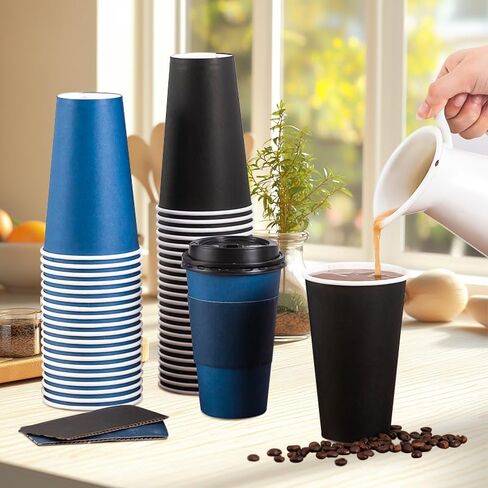 100 Pack 16 oz Disposable Coffee Cups with Lids and Sleeves, To Go Paper Cups, Hot & Cold Drinking Cups for Tea, Coffee, Water, Hot Chocolate, Paper Coffee Cups Ideal for Home,Cafes,Store in Kuwait