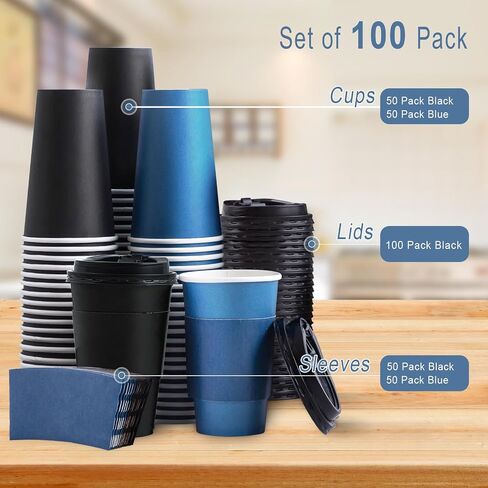 100 Pack 16 oz Disposable Coffee Cups with Lids and Sleeves, To Go Paper Cups, Hot & Cold Drinking Cups for Tea, Coffee, Water, Hot Chocolate, Paper Coffee Cups Ideal for Home,Cafes,Store in Kuwait