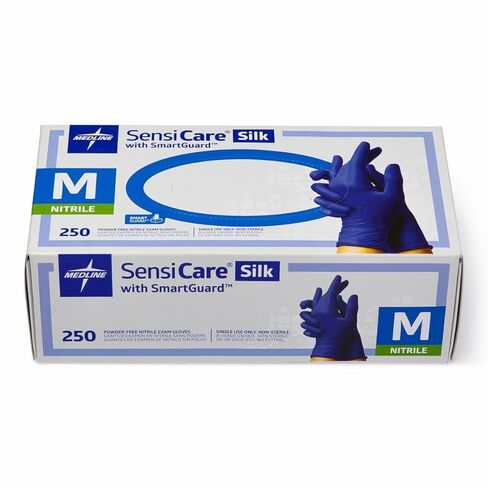 Medline SensiCare Silk Nitrile Exam Gloves, Disposable Gloves with Smartguard Film, Medium, Blue (Pack of 250) in Saudi Arabia