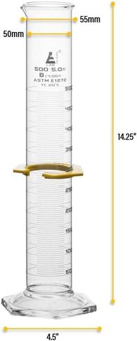 EISCO Graduated Cylinder, 500ml - ASTM, Class B Tolerance ±4.00ml - Protective Collar, Hexagonal Base - White Graduations - Borosilicate 3.3 Glass in Saudi Arabia