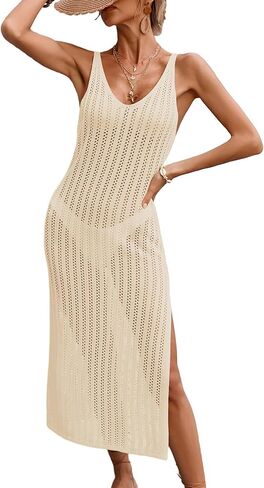 Womens Crochet Knit Sheer Beach Dresses Summer 2025 Backless V Neck Side Slit Bathing Suit Cover Up Midi Dress in Kuwait