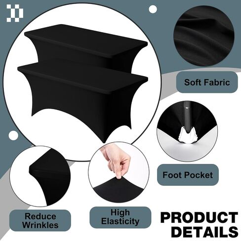 Trlyc 2 Pack 6FT Spandex Table Cloth - 72 x 30 Inch Rectangular Stretch Tablecloth, Wrinkle Resistant Scretch Table Cover for Wedding, Party, Banquet, Picnic, Outdoor Decoration (2Pcs,Black) in Saudi Arabia