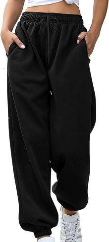 سروال رياضي للنساء المراهقات الفضفاضة عالية الخصر في القاع القاع sweatpant الصلبة يوجا ركض تجريب مع جيوب in Saudi Arabia
