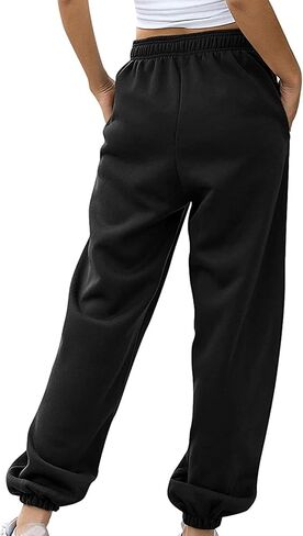 سروال رياضي للنساء المراهقات الفضفاضة عالية الخصر في القاع القاع sweatpant الصلبة يوجا ركض تجريب مع جيوب in Saudi Arabia