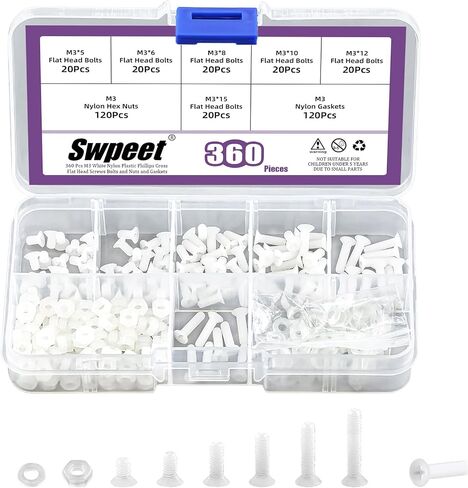 SWPEET 360PCS 6 أحجام M6 نايلون أبيض فيليبس كروس مسامير رأس مسطحة مع المكسرات ومجموعة تشكيلة الحشيات ، مسامير رأس مسطح نايلون ، مسامير آلة نايلون ملولبة ، طول 8/10/12/15/20/25 ملم in Saudi Arabia