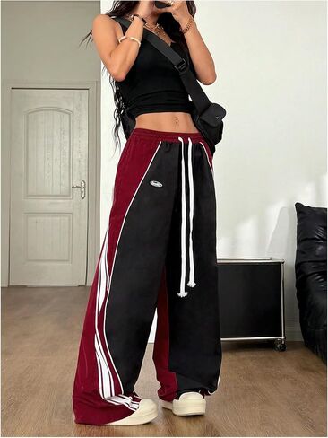 GORGLITTER Women's Baggy Track Pants Y2K Color Block Drawstring High Waisted Parachute Pants in Saudi Arabia