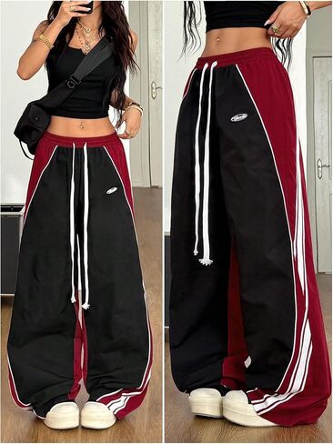 GORGLITTER Women's Baggy Track Pants Y2K Color Block Drawstring High Waisted Parachute Pants in Saudi Arabia