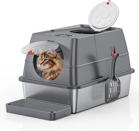 Stainless Steel Litter Box with Lid, Metal Litter Pan for Big Cats, Cover with High Sided Enclosure, XL Extra Large Enclosed Litter Box, Scoop & Step, Anti-Leakage, Non-Sticky, Easy Cleaning in Saudi Arabia