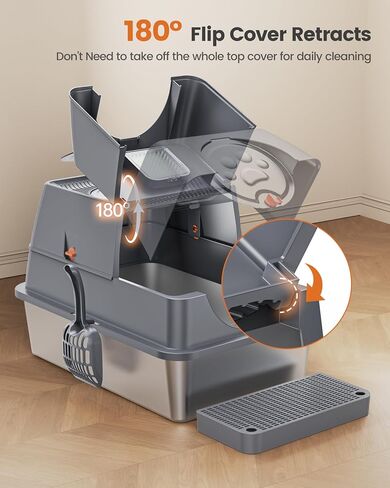 Stainless Steel Litter Box with Lid, Metal Litter Pan for Big Cats, Cover with High Sided Enclosure, XL Extra Large Enclosed Litter Box, Scoop & Step, Anti-Leakage, Non-Sticky, Easy Cleaning in Saudi Arabia
