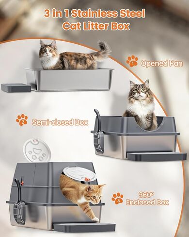 Stainless Steel Litter Box with Lid, Metal Litter Pan for Big Cats, Cover with High Sided Enclosure, XL Extra Large Enclosed Litter Box, Scoop & Step, Anti-Leakage, Non-Sticky, Easy Cleaning in Saudi Arabia