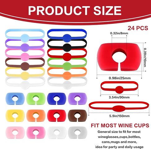 24PCS Wine Glass Charms, Drink Markers Tags, Silicone Wine Charms for Stem Glasses, Multicolored Drink Identifiers Tags for Cup, Beer Bottle, Mug, Jar, Cocktail Glass Bar Weddings Birthday Party in Kuwait