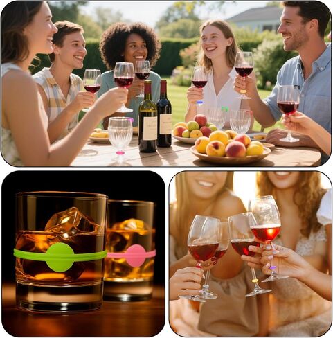 24PCS Wine Glass Charms, Drink Markers Tags, Silicone Wine Charms for Stem Glasses, Multicolored Drink Identifiers Tags for Cup, Beer Bottle, Mug, Jar, Cocktail Glass Bar Weddings Birthday Party in Kuwait