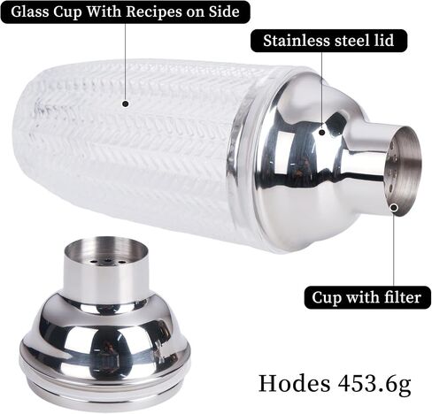 Cocktail Shaker Glass,Martini Shaker With Recipes on Side 13.5oz Mixed Drink Shaker with Glass Cup Professional Bar Tool with Scale Glass (Recipes) in Saudi Arabia