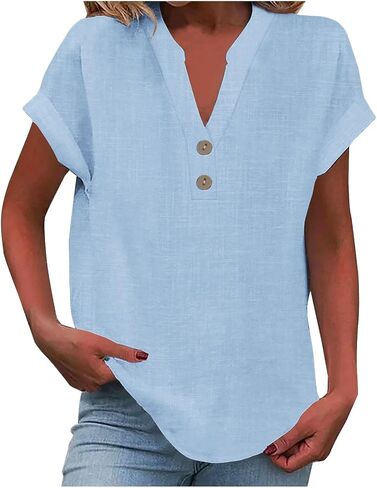 Linen Tops for Women 2025 Trendy Summer Short Sleeve Cotton Shirts Loose Causal Button V Neck Blouses Clothes in Saudi Arabia