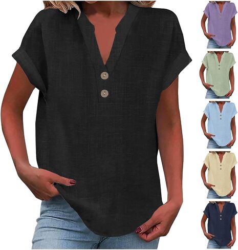 Linen Tops for Women 2025 Trendy Summer Short Sleeve Cotton Shirts Loose Causal Button V Neck Blouses Clothes in Saudi Arabia