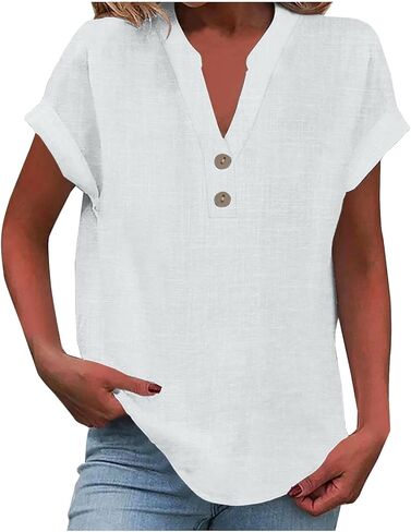 Linen Tops for Women 2025 Trendy Summer Short Sleeve Cotton Shirts Loose Causal Button V Neck Blouses Clothes in Saudi Arabia