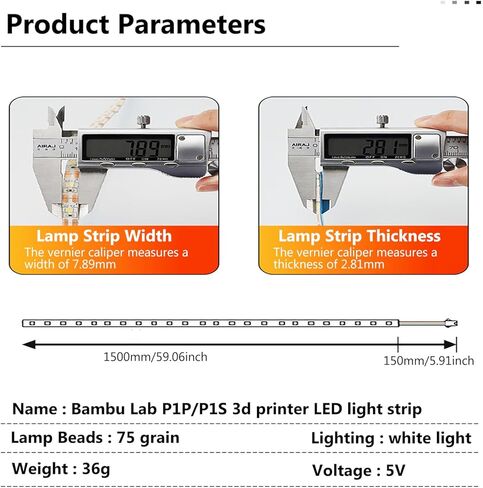 طابعة ثلاثية الأبعاد طابعة طابعة LED Strip Trock لـ Bambu Lab P1P/P1s ، مع عرض بطول 1.5 متر 7 مم و 75 حبات LED ، من السهل تثبيت مصباح LED 5V شريط مرن أضواء السطوع عالية الأجزاء 3D أجزاء in Kuwait