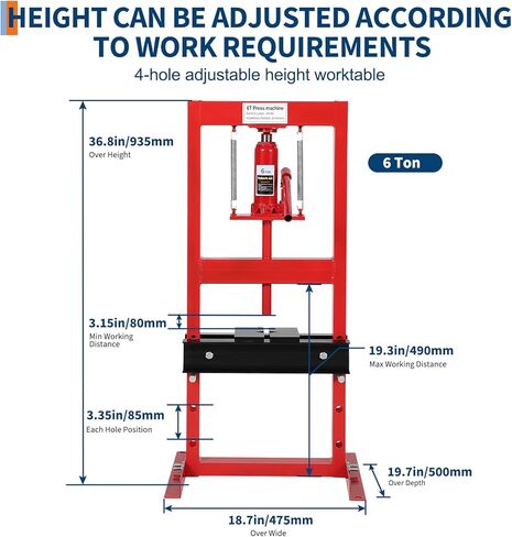 20 Ton Hydraulic Shop Press, H-Frame, 7-Hold Adjustable Height, with Movable Plates and Dust Cover, for Garage or Professional Users, Red in Kuwait