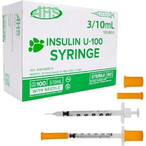 U-100 Pet Insulin Syringes & Needles, Comfortable & Accurate Dosing, Compatible w/Any U-100 Strength Insulin, 100 Count (3/10mL, 30G x 5/16in) in Kuwait