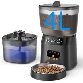 Automatic Cat Feeder and Water Fountain, 4L/16 Cups Timed Dry Food Dispenser, 10s Meal Call, 20 Portions 6 Meals Per Day, 2L Cats Fountains for Drinking with Filter, Pet Feeder for Cats and Dog in Kuwait