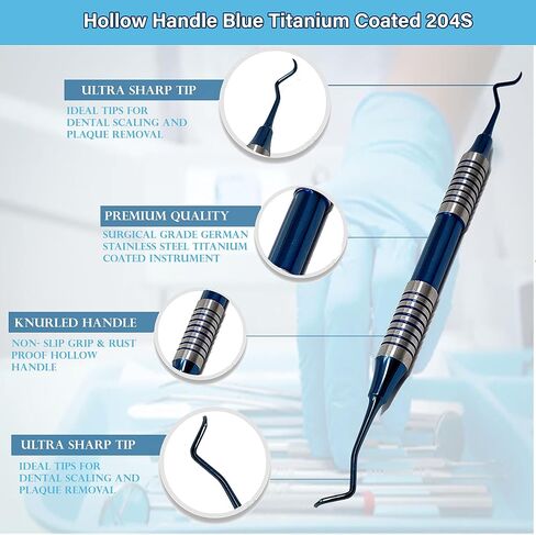 Dental Posterior Sickle Scaler 204S, Stainless Steel Dentist's Oral Hygiene Instrument, Hollow Handle Blue Titanium Coated Double Ended Dental Veterinary Instrument in Saudi Arabia