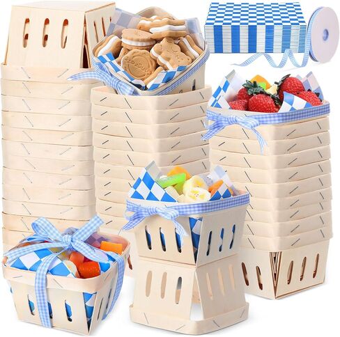 Vesici 61 PCS/30 مجموعات واحدة من سلة التوت من الخشب بنت مع أوراق الورق الشمع شريط 4 "مربع صناديق خشبية مربعة سلة صغيرة مع بطانة لمرضى الطعام لحفلات تخيم الفاكهة (منقوشة ، حمراء) in Kuwait
