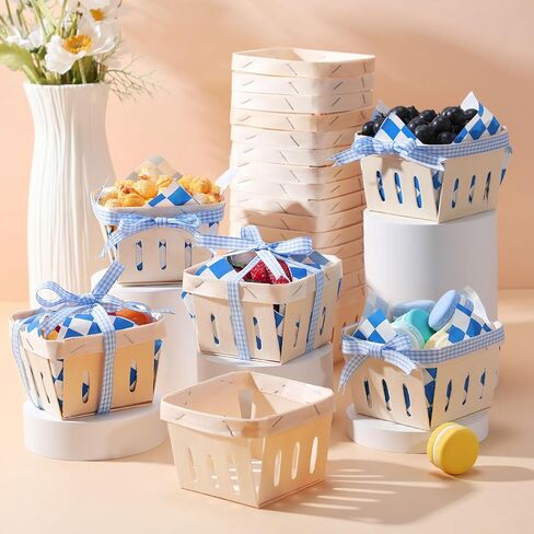Vesici 61 PCS/30 مجموعات واحدة من سلة التوت من الخشب بنت مع أوراق الورق الشمع شريط 4 "مربع صناديق خشبية مربعة سلة صغيرة مع بطانة لمرضى الطعام لحفلات تخيم الفاكهة (منقوشة ، حمراء) in Kuwait