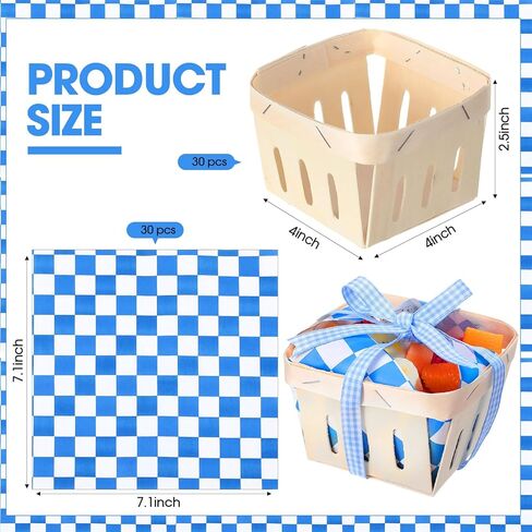 Vesici 61 PCS/30 مجموعات واحدة من سلة التوت من الخشب بنت مع أوراق الورق الشمع شريط 4 "مربع صناديق خشبية مربعة سلة صغيرة مع بطانة لمرضى الطعام لحفلات تخيم الفاكهة (منقوشة ، حمراء) in Kuwait