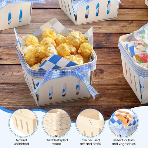 Vesici 61 PCS/30 مجموعات واحدة من سلة التوت من الخشب بنت مع أوراق الورق الشمع شريط 4 "مربع صناديق خشبية مربعة سلة صغيرة مع بطانة لمرضى الطعام لحفلات تخيم الفاكهة (منقوشة ، حمراء) in Kuwait