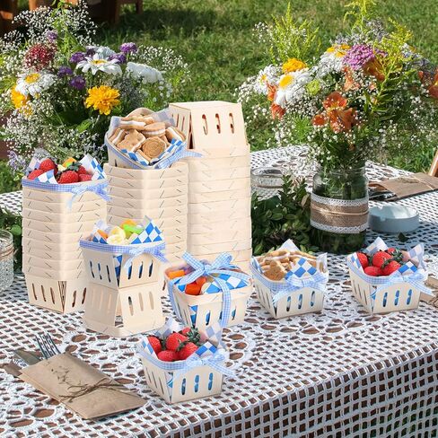 Vesici 61 PCS/30 مجموعات واحدة من سلة التوت من الخشب بنت مع أوراق الورق الشمع شريط 4 "مربع صناديق خشبية مربعة سلة صغيرة مع بطانة لمرضى الطعام لحفلات تخيم الفاكهة (منقوشة ، حمراء) in Kuwait