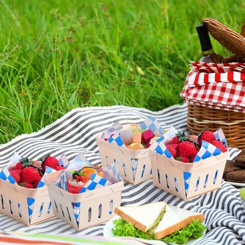 Vesici 61 PCS/30 مجموعات واحدة من سلة التوت من الخشب بنت مع أوراق الورق الشمع شريط 4 "مربع صناديق خشبية مربعة سلة صغيرة مع بطانة لمرضى الطعام لحفلات تخيم الفاكهة (منقوشة ، حمراء) in Kuwait