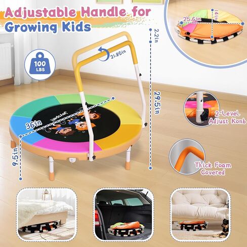 3FT Toddler Trampoline with Adjustable Handlebar - 36" Foldable, Spring-Free & Noiseless Mini Kids Trampoline for Indoor/Outdoor Active Play - Safe, Durable Design, Supports Up to 100 lbs in Kuwait