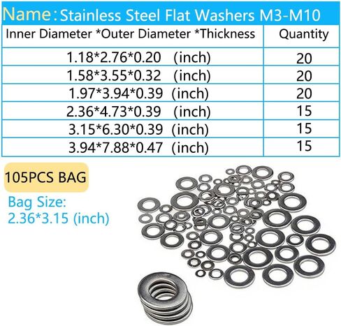 غسالة مسطحة من الفولاذ المقاوم للصدأ ، 105pcs غسالات مسطحة M3 إلى M10 مسطح غسالة ، فضية in Saudi Arabia