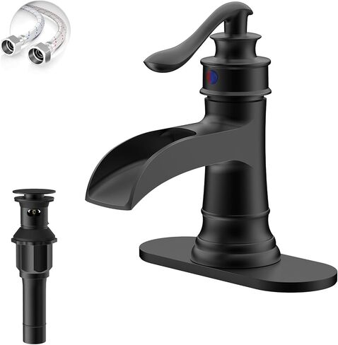 صنبور الحمام الأسود غير اللامع ، صنبور الحمام أحادي الحمام 1 ثقب أو 3 ثقب ، صنبور بالوعة الغرور للحفرة المرحاض العتيقة مع استنزاف منبثقة ، سطح ، خراطيم 2 in Kuwait