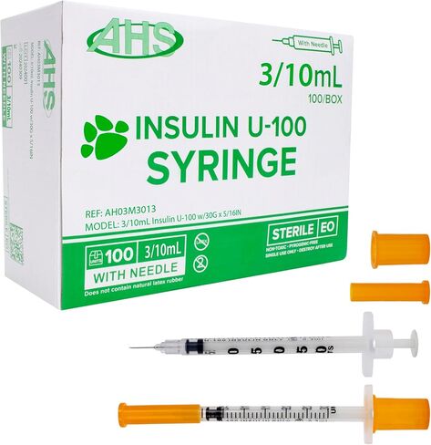 U-100 Pet Insulin Syringes & Needles, Comfortable & Accurate Dosing, Compatible w/Any U-100 Strength Insulin, 100 Count (3/10mL, 30G x 5/16in) in Kuwait