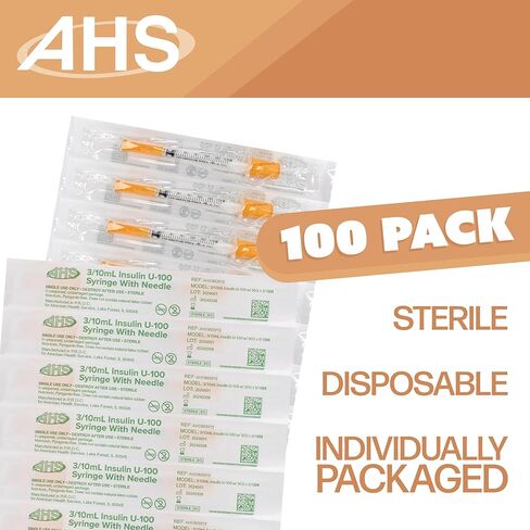 U-100 Pet Insulin Syringes & Needles, Comfortable & Accurate Dosing, Compatible w/Any U-100 Strength Insulin, 100 Count (3/10mL, 30G x 5/16in) in Kuwait