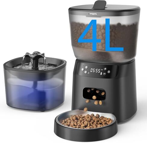 Automatic Cat Feeder and Water Fountain, 4L/16 Cups Timed Dry Food Dispenser, 10s Meal Call, 20 Portions 6 Meals Per Day, 2L Cats Fountains for Drinking with Filter, Pet Feeder for Cats and Dog in Kuwait