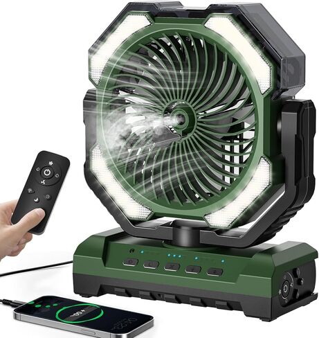20000mAh Portable Misting Fan, USB Rechargeable Camping Fan with LED Light, Battery Operated for Outdoor, Tents, Beach, Travel - 250mL Water Tank & Hook Included, Black. in Kuwait
