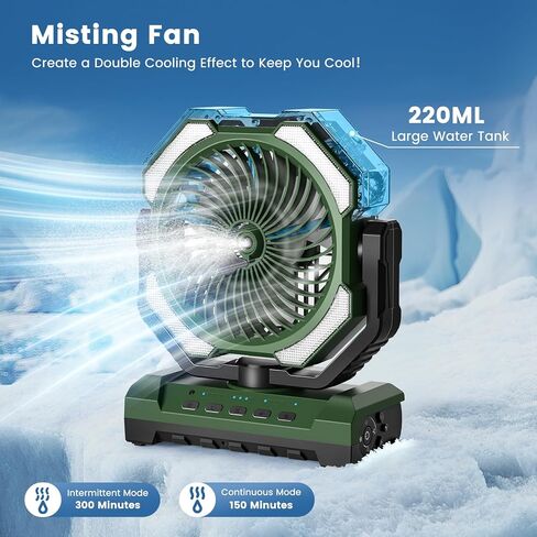 20000mAh Portable Misting Fan, USB Rechargeable Camping Fan with LED Light, Battery Operated for Outdoor, Tents, Beach, Travel - 250mL Water Tank & Hook Included, Black. in Kuwait